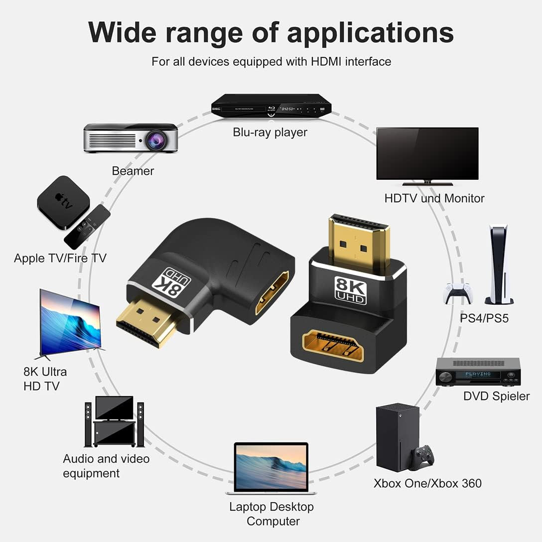 4 Pack 8K HDMI 2.1 Male to Female Adapter Connector up down Left Right Angle 90