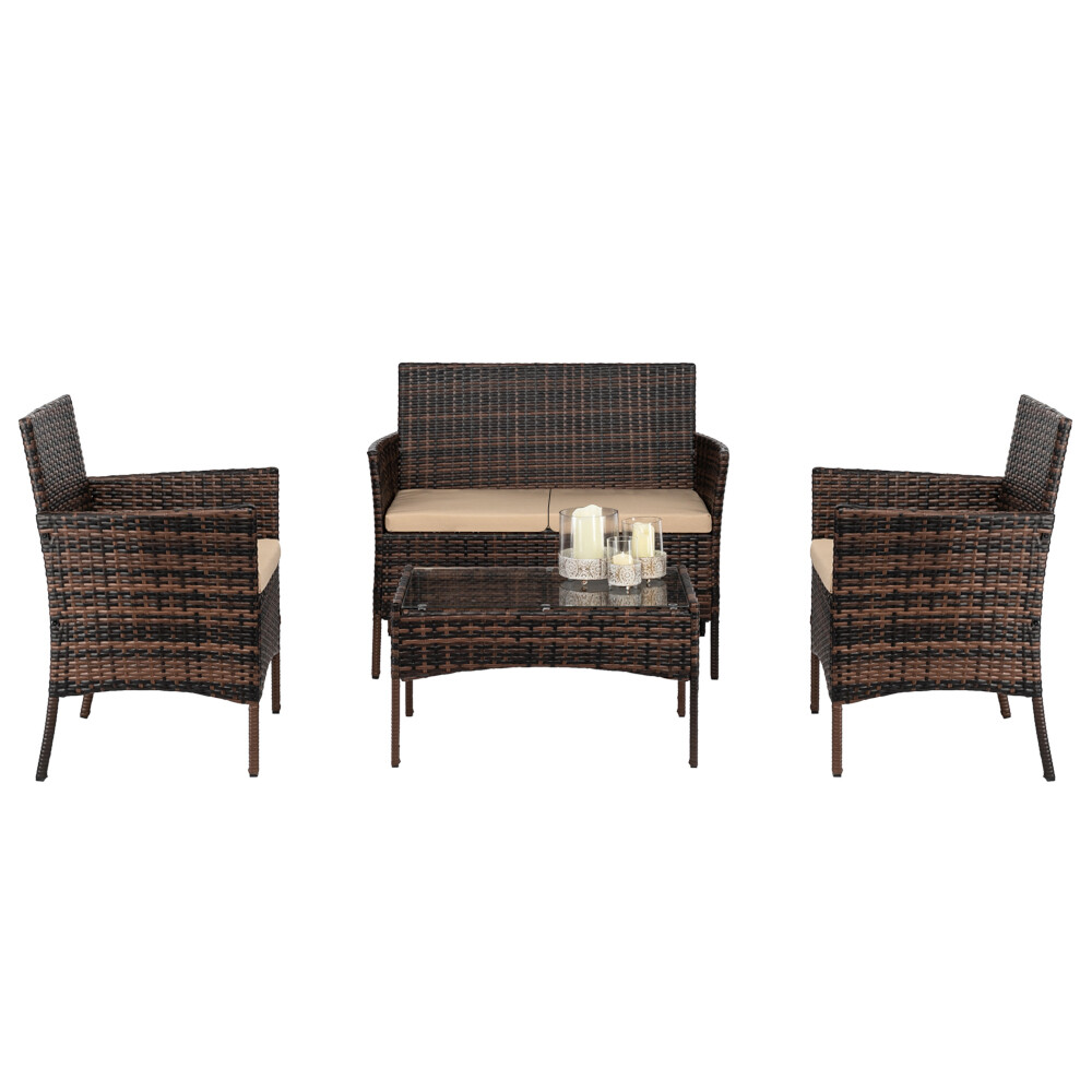 4 Pieces Patio Furniture Set Rattan Sofa Set w/ Loveseat, 2 Chairs, Glass Table