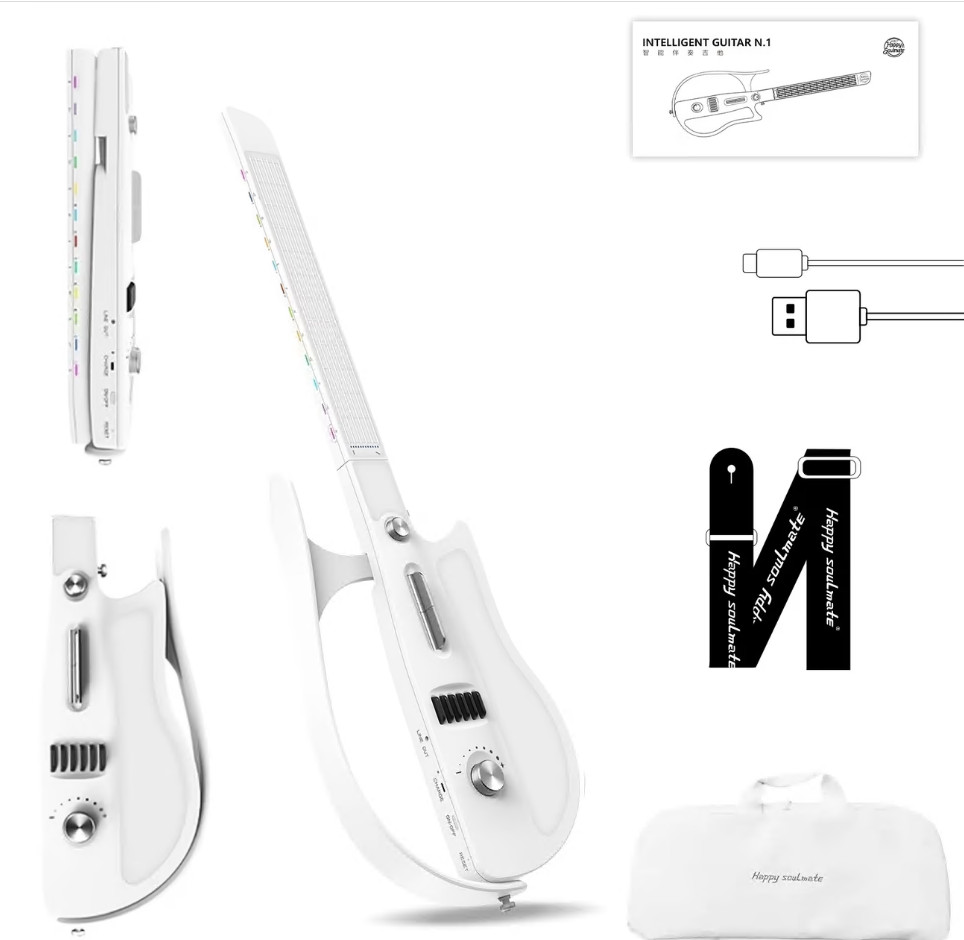 Stringless Smart Guitar, Foldable Travel Guitar with Chords & Drum Machine White