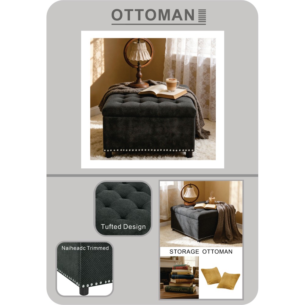 Storage Ottoman, Tufted Footstool, Nailhead Trim Ottoman, Square Storage Ottoman