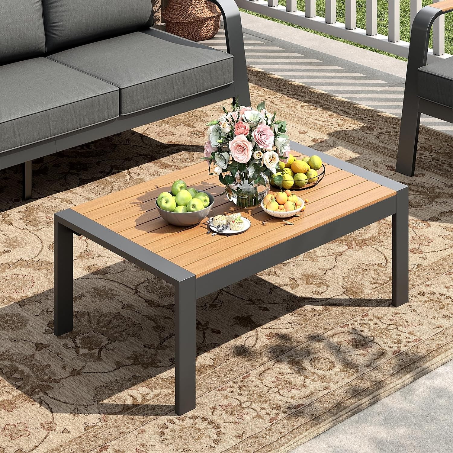 Outdoor Coffee Table Aluminum Rectangle Wood Look All Weather Patio Deck