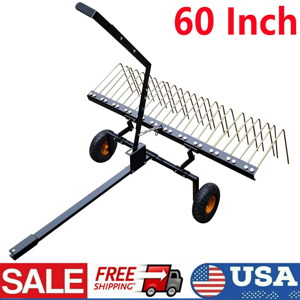 60" ATV UTV & Lawn Tractor Tow Behind Steel Landscape Rake Pull Dethatcher