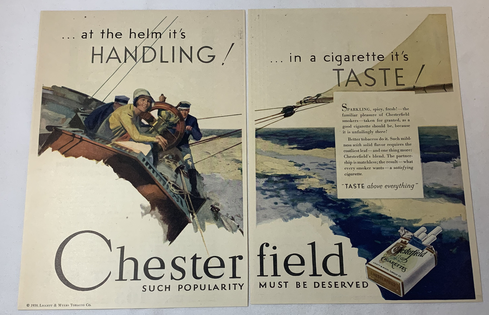 1930 two page CHESTERFIELD cigarettes ad ~ SAILING At The Helm It's Handling
