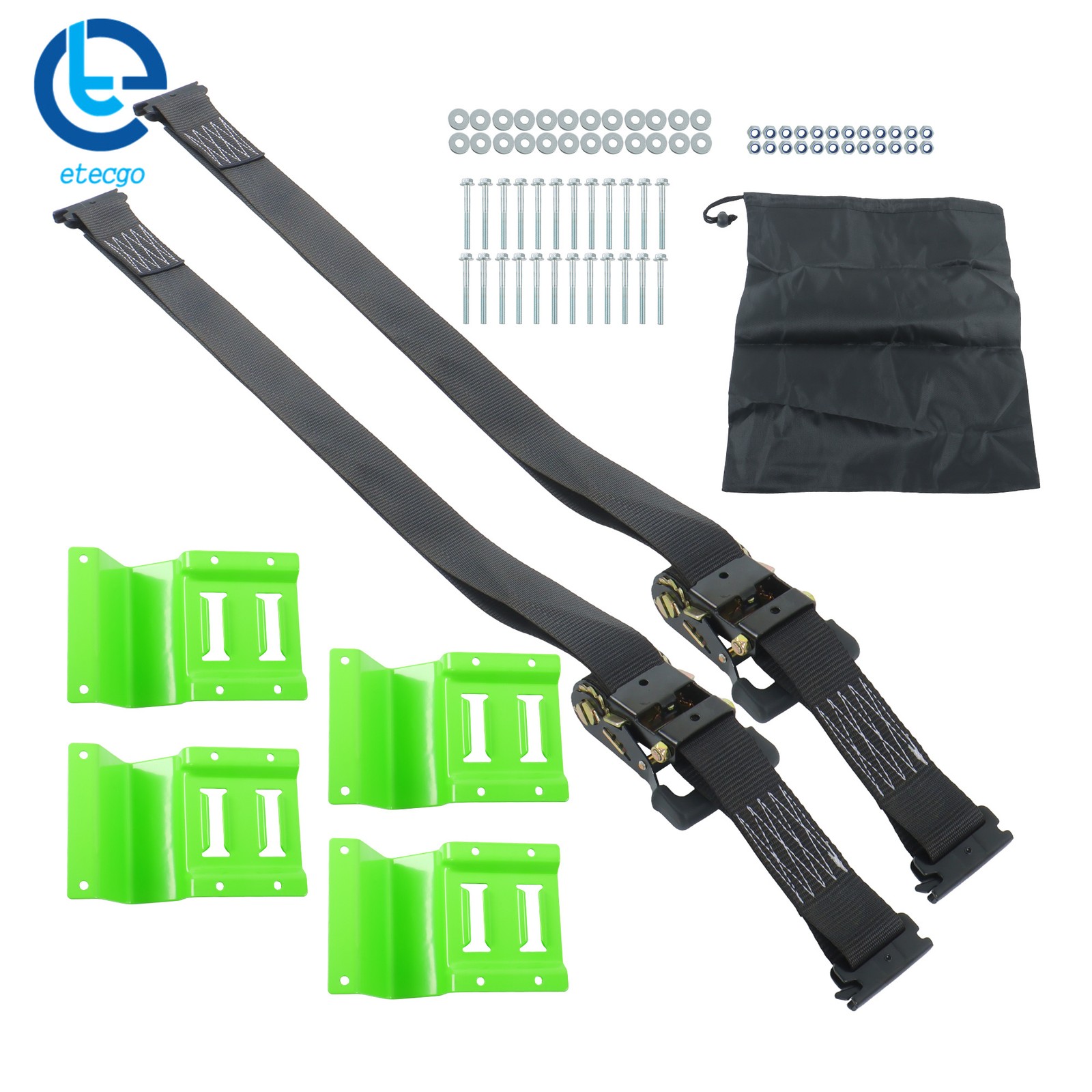 1 Set Light Green E Track Wheel Chock With 8 Foot Black Ratchet Straps Polyester