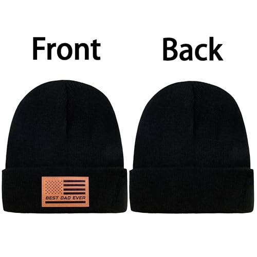 Beanie Hat for Dad, Leather Patch Knit Cuffed Winter Hat for Men Dad Flag -Black