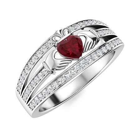 5mm Heart Ruby Claddagh Ring 925 Sterling Silver Three Band Promise Ring