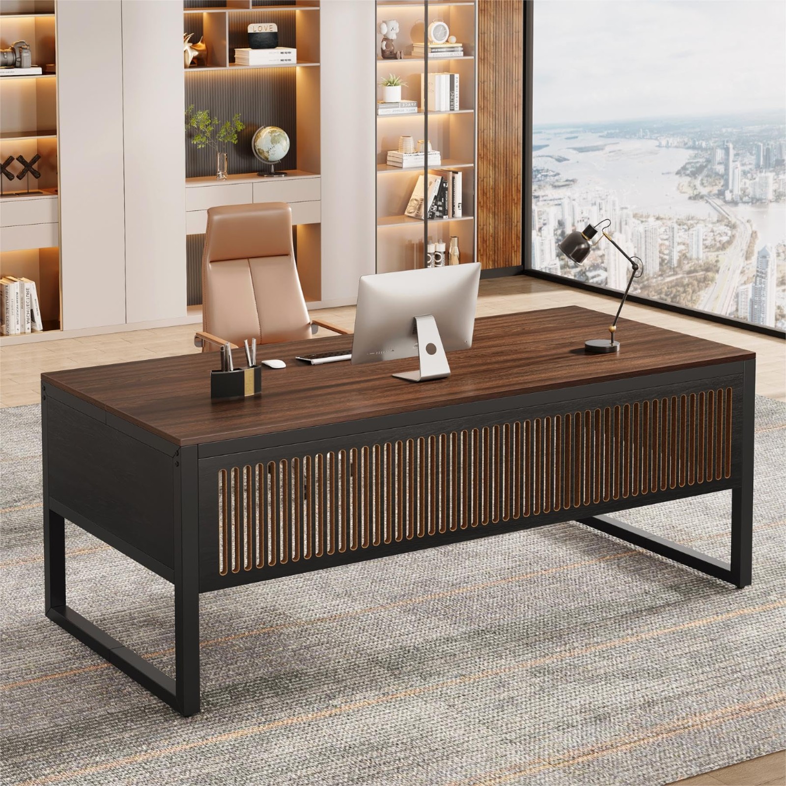 63-Inch Executive Computer Desk Home Office Sturdy Legs Dark Walnut Black