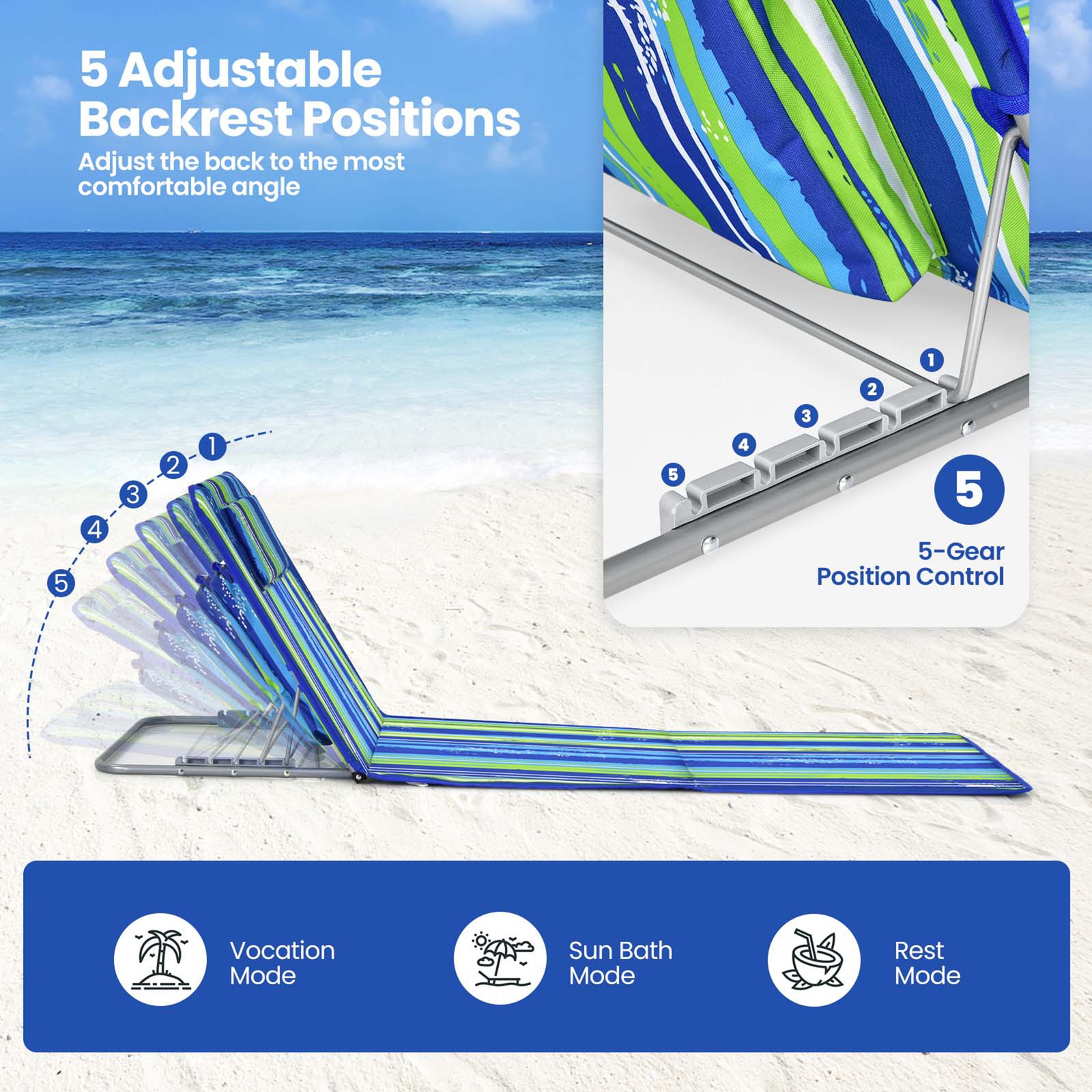 3PCS Folding Beach Mat Set Adjustable Beach Lounge Chair & Side Table Set Stripe
