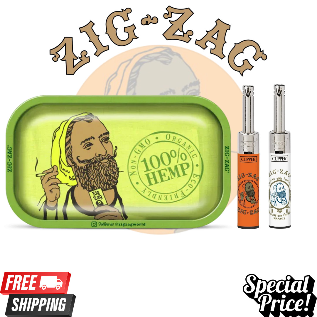 Zig Zag Organic Metal Rolling Tray 11x7 Clipper Refillable Lighter Tube