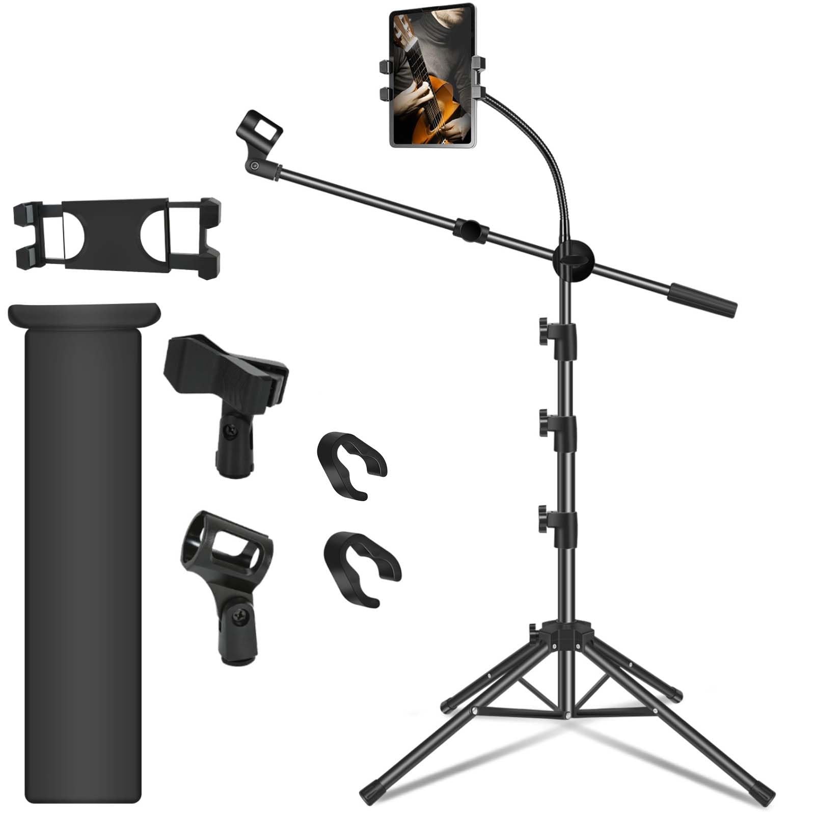 Boom Mic Stand with Tablet & Phone Holder Height Adjustable Four legged + 2Clips