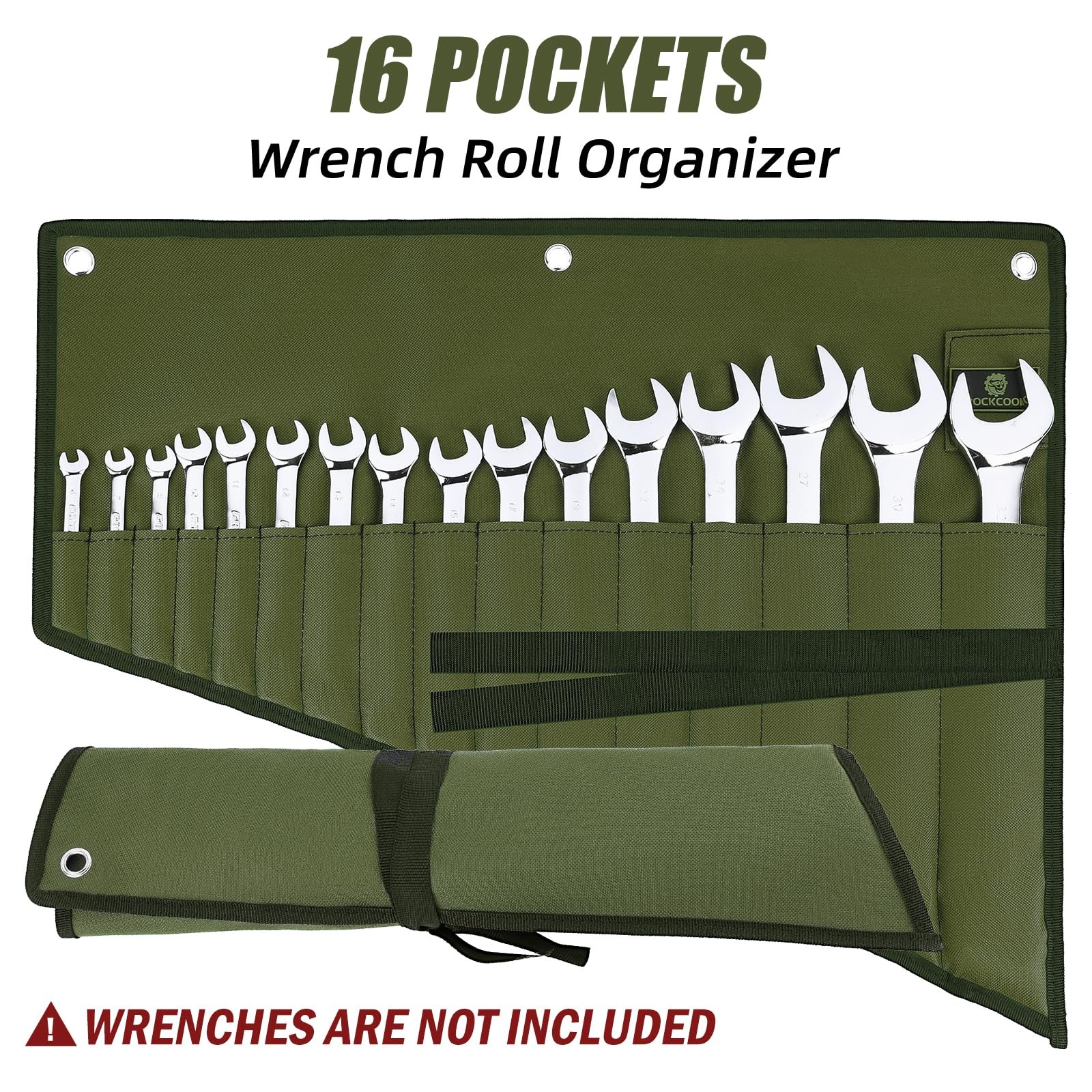 ROCKCOON Wrench Roll Organizer 16 Pockets, Small to Medium, Green