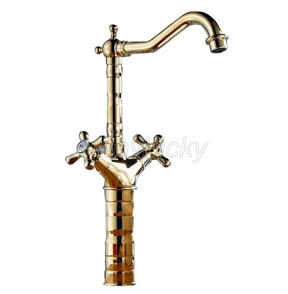 Gold Polished Brass Double Cross Handle Bathroom Sink Mixer Tap Faucet wsf094