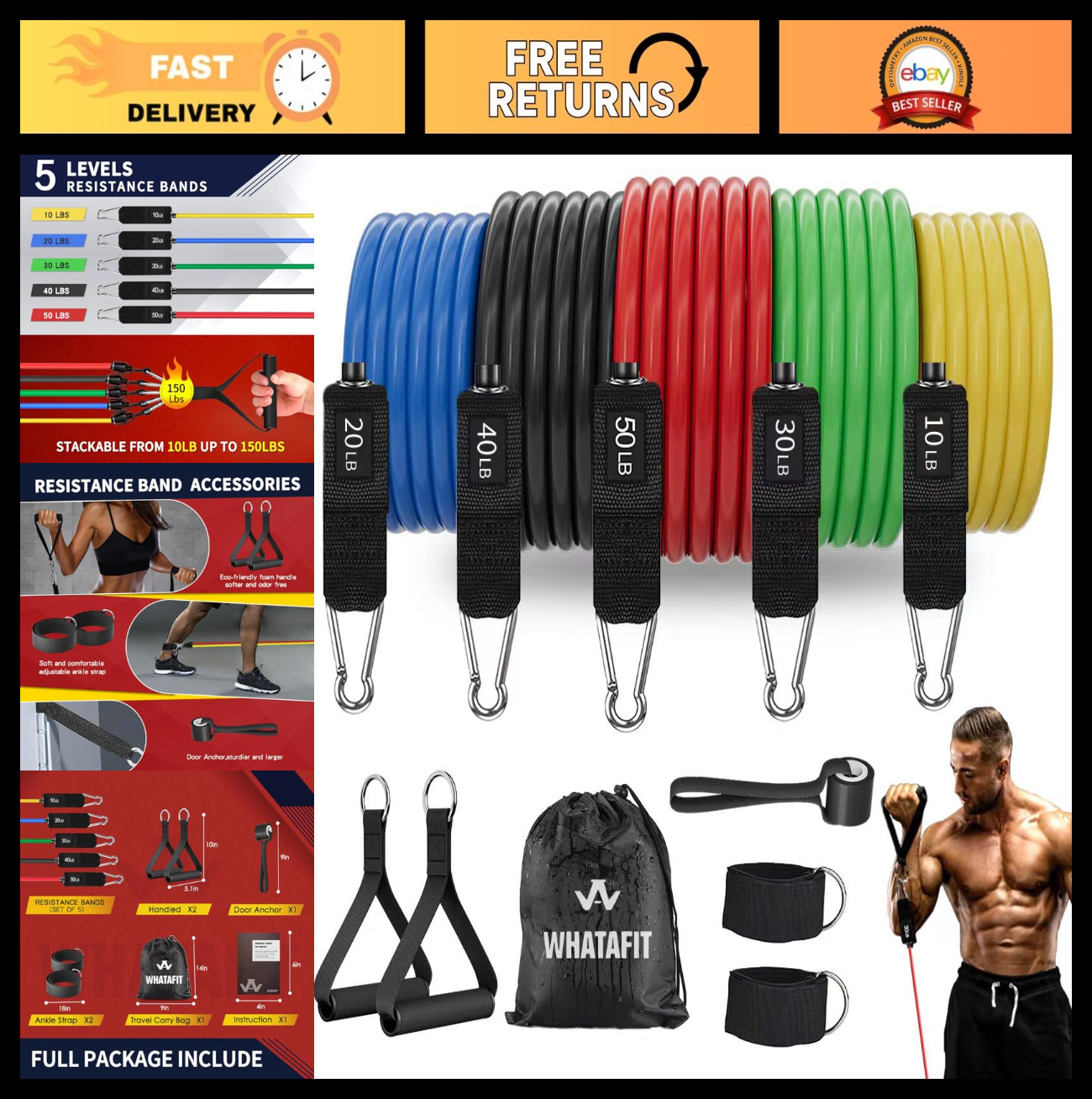 "Resistance Bands for Workouts - Exercise Bands with Handles for Strength Traini