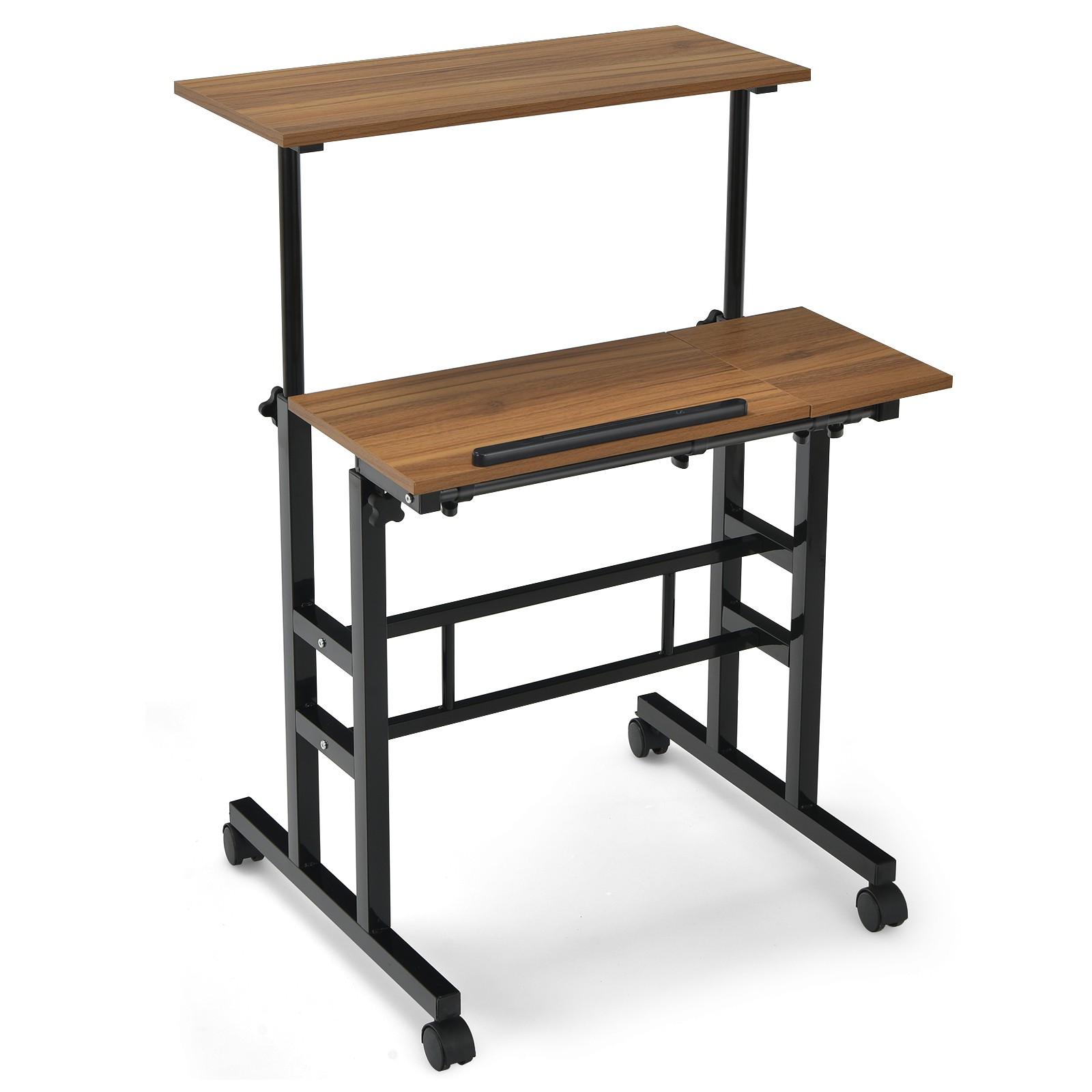 Costwy Mobile Stand up Desk Tilting Workstation Adjustable Computer Desk  Walnut