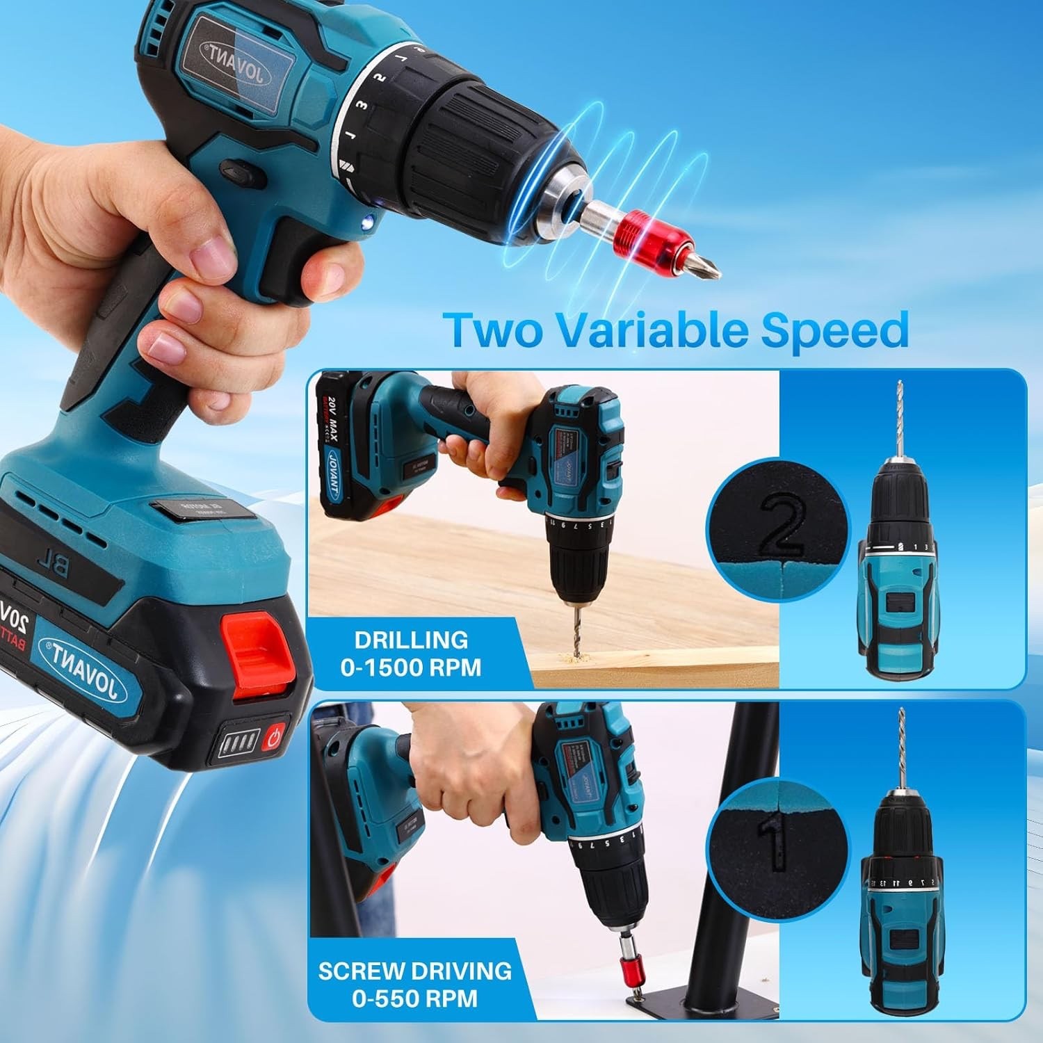 Jovant Cordless Drill, 3/8 Inch Keyless Chuck Power Driver Kit NO BATTERY