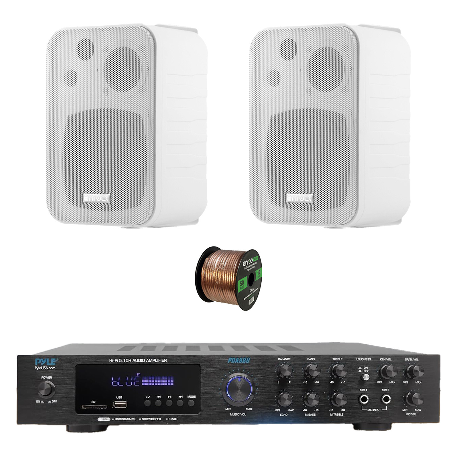 Pyle PDA8BU 5.1 Channel Home Audio Bluetooth Receiver, 2x 4" White Speaker, Wire