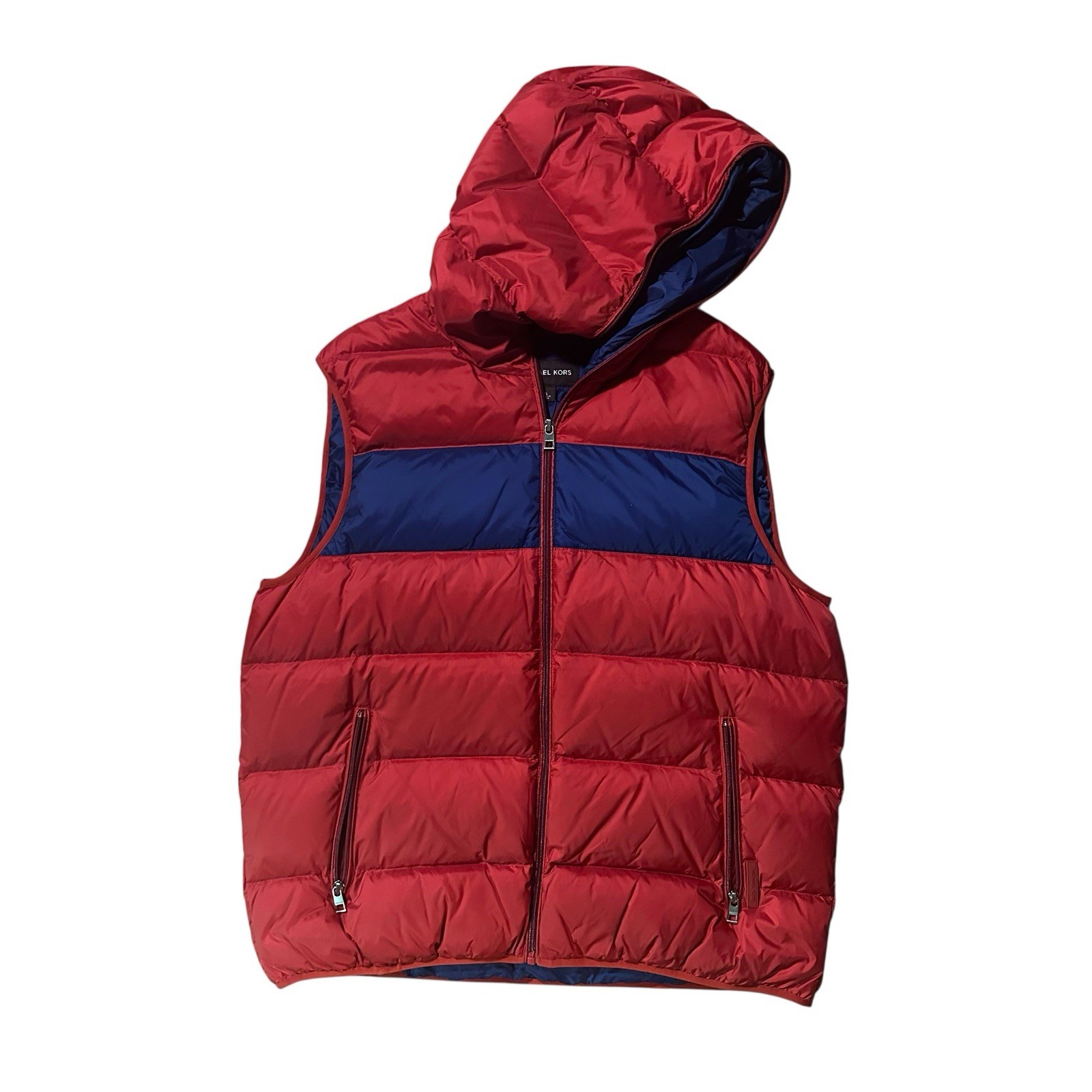 Michael Kors Red Blue Hooded Down Puffer Vest Weather Engineered Size XL
