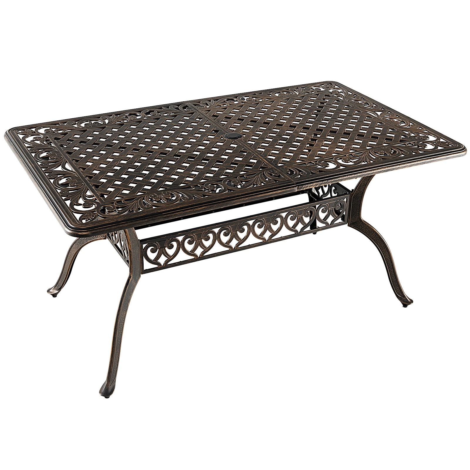 Outdoor 59" Dining Table All-Weather Cast Aluminum Umbrella Hole 6 Person Bronze