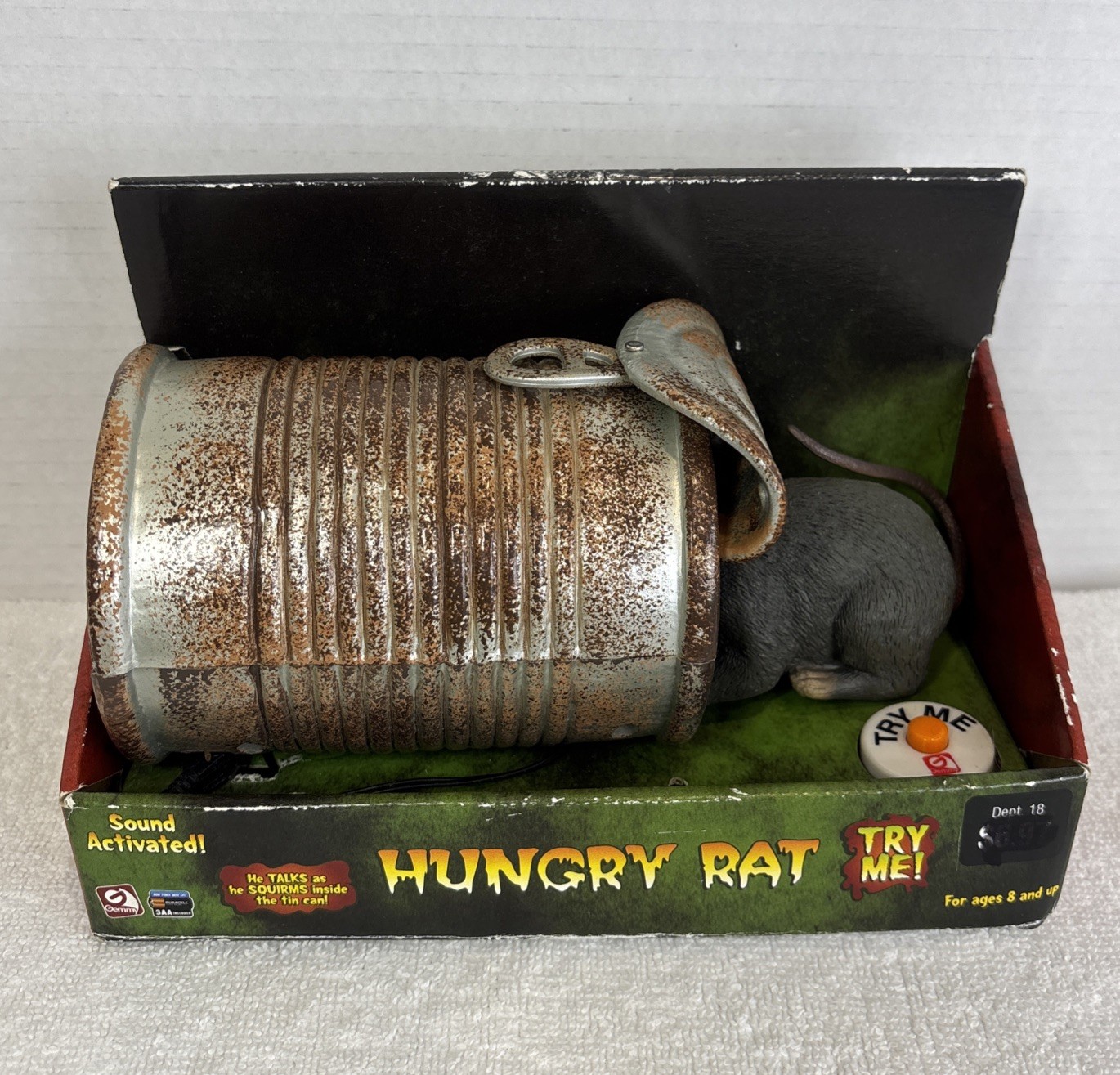 Vintage 2005 Gemmy Halloween Sound Activated Hungry Rat in Can Animated Prop NEW