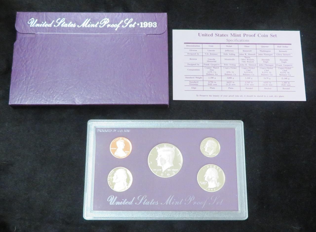 1993 Proof Set * 5 Coins * Proof * With Box and COA * Great Birthday Gift