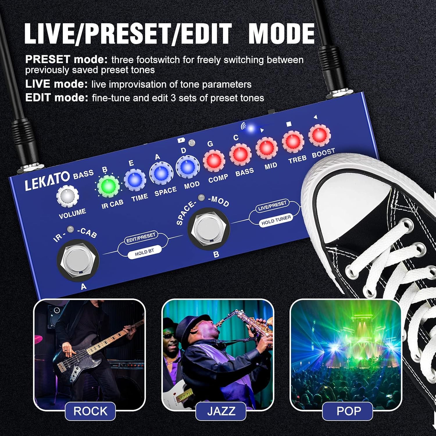 Lekato Bass Multi Effects Pedal Guitar Effects IR Loading 9 AMP Models Delay