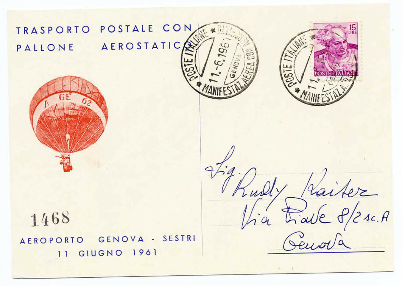 Italy 1962 Genova Balloon Mail Manifestazione Aprosplatelica Cover Card
