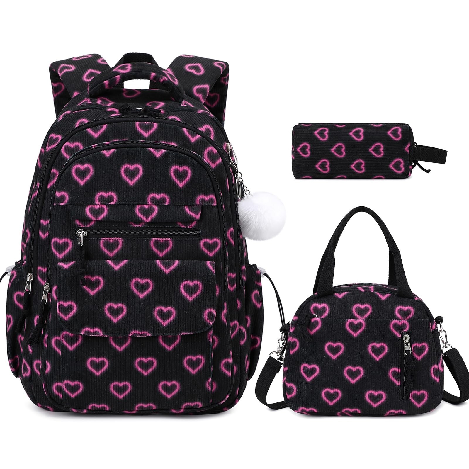 Bevalsa Backpack for Gilrs, 3PCS Corduroy Kids Backpack Set with Lunch Box & ...