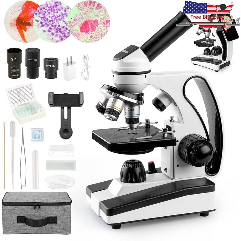 LED Biological Microscope 10X to 2000X Magnification W/ Fine Focus Students New