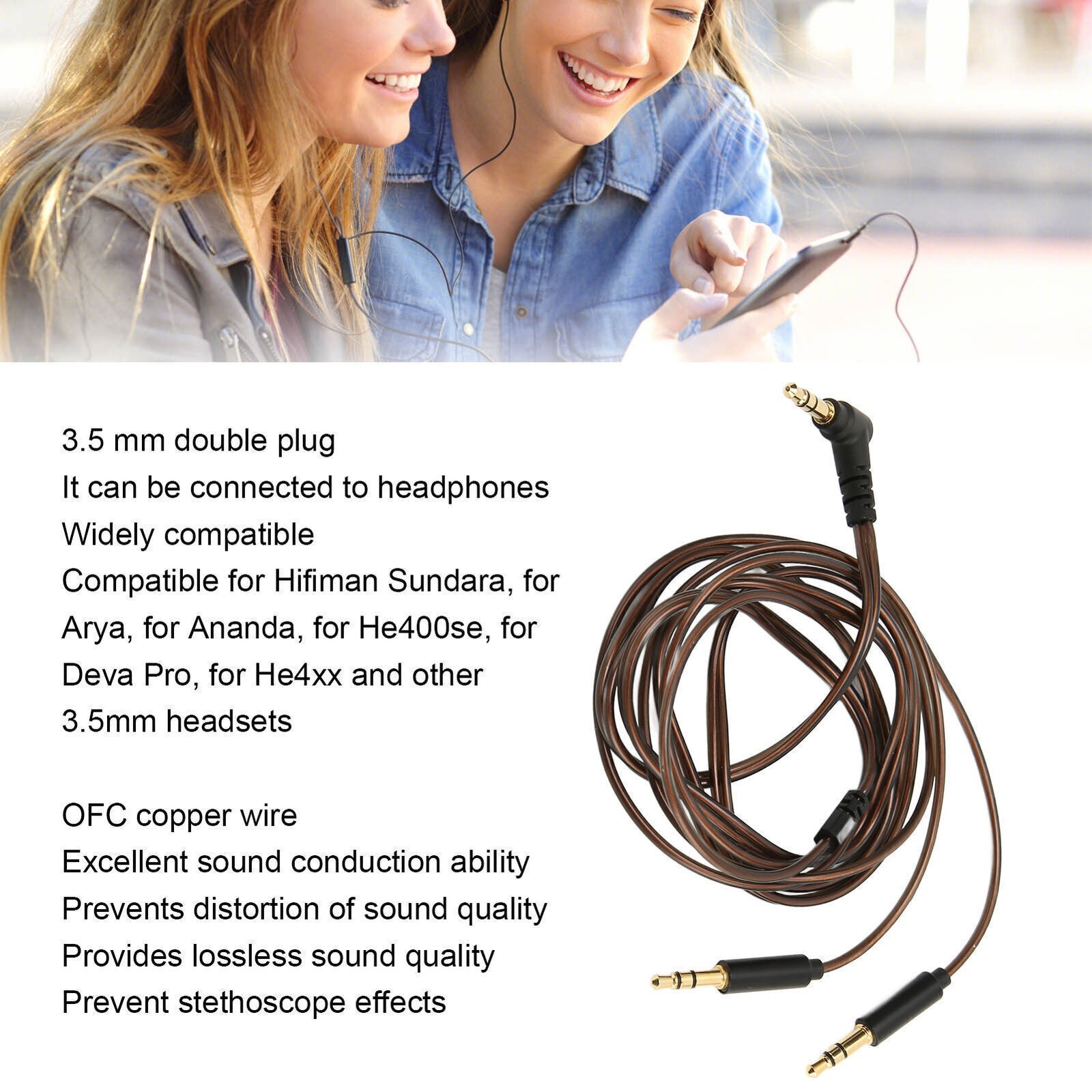 3.5mm to Dual 3.5mm Jack Male Cord OFC Core Headphone Upgrade Cable for Hifiman