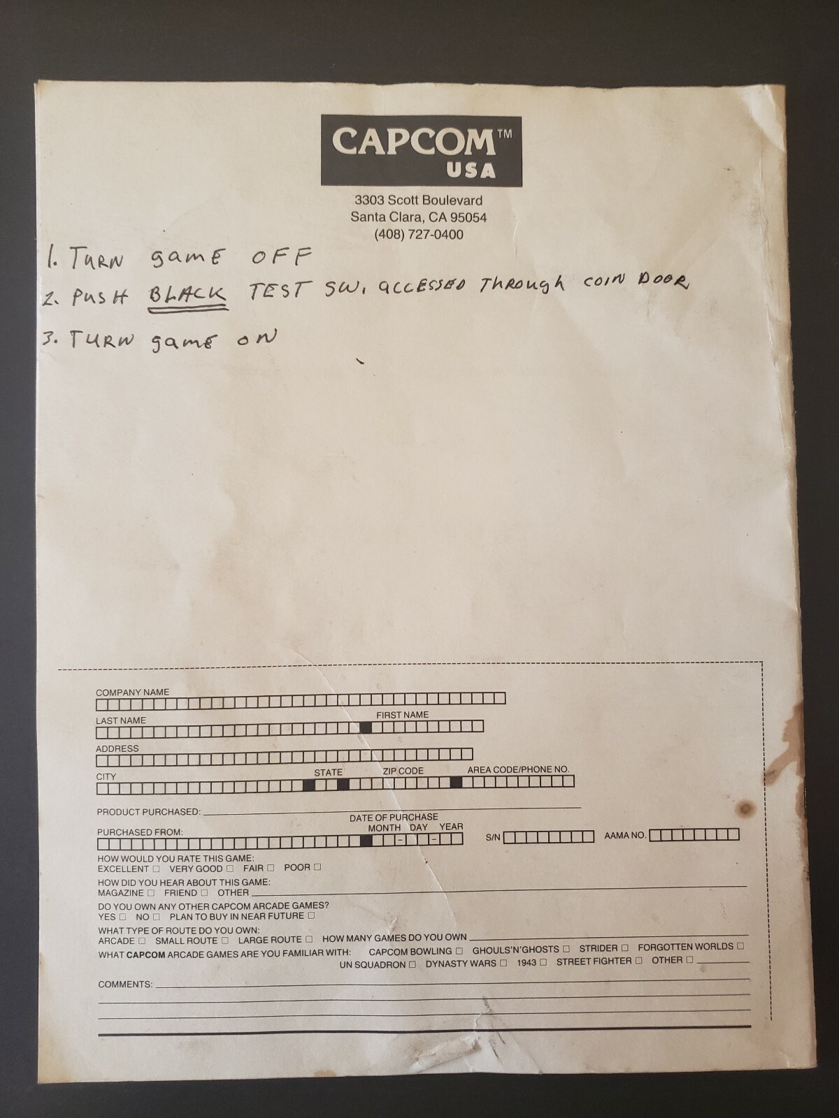 Original Capcom Final Fight Arcade Game Kit Instruction Manual