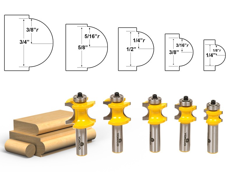 5 Bit Bullnose Router Bit Set - 1/2" Shank - Yonico 13515