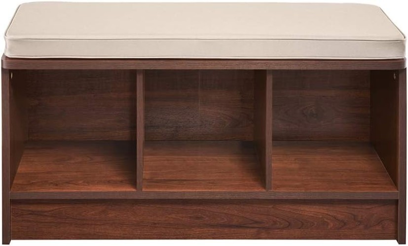 Functional 3-Cube Storage Bench in Dark Cherry with Tan Cushion - Easy Assembly
