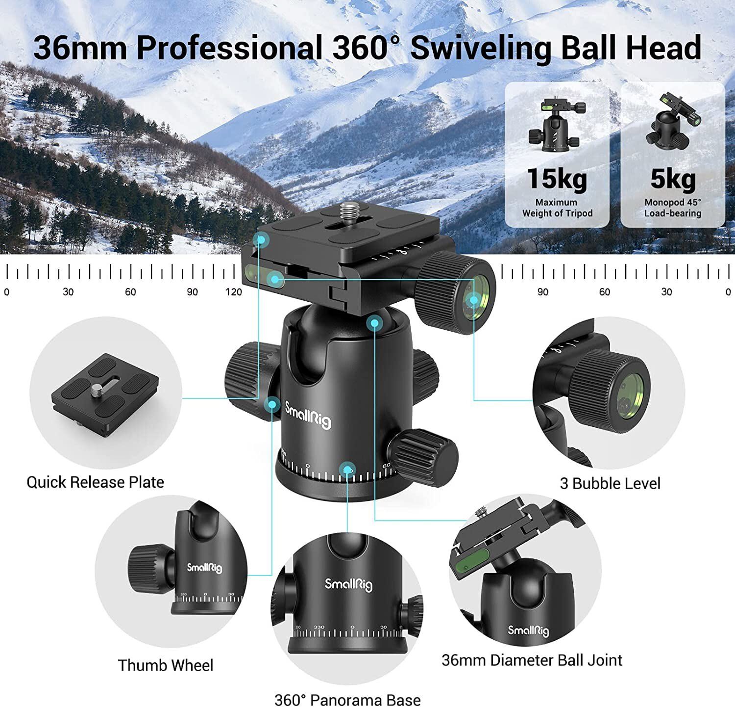SmallRig 71" Camera Tripod & Monopod, 360°Ball Head Detachable Payload 33lb