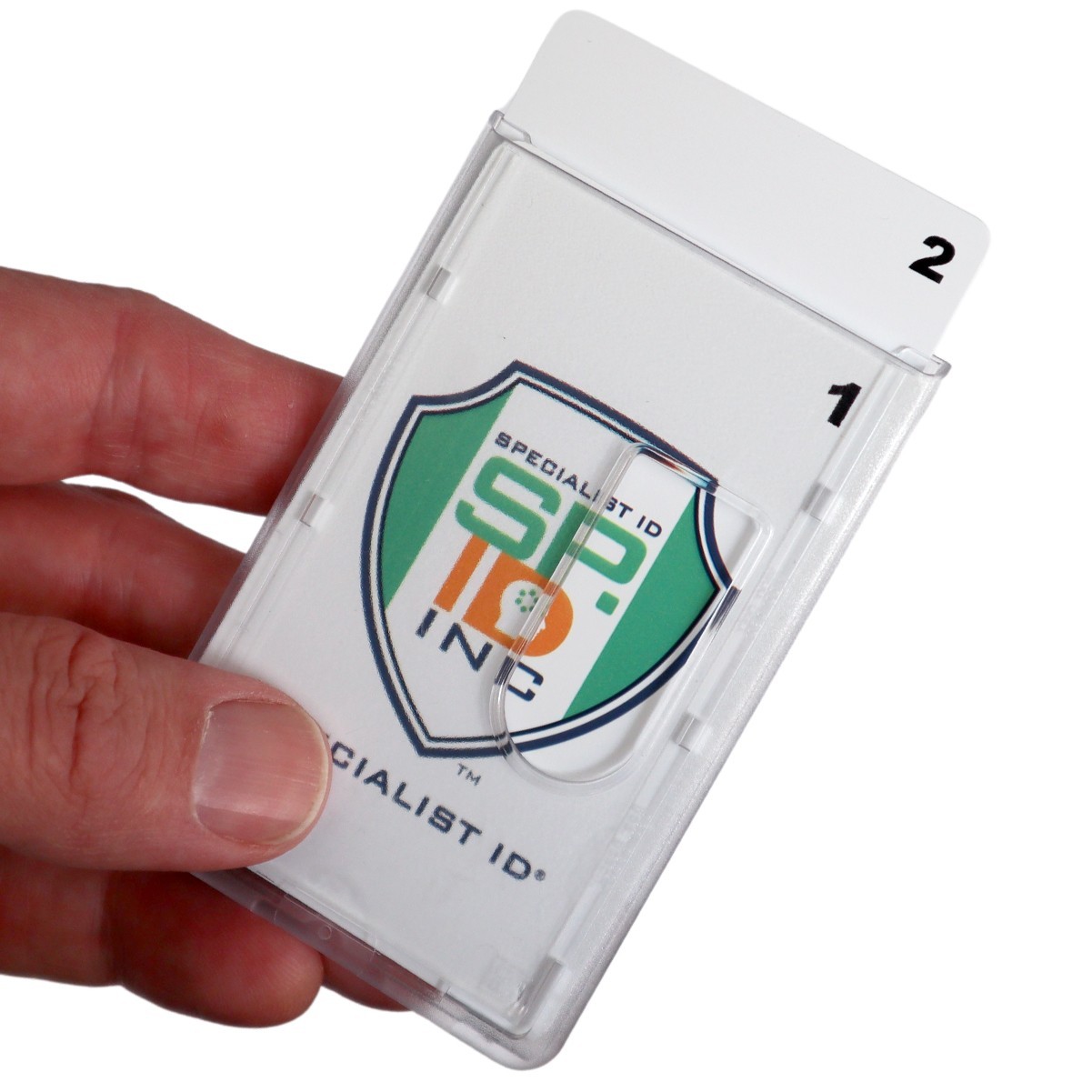 Rigid / Hard Plastic Two Card Vertical ID Badge Holder w/ Thumb Holes - Top Load