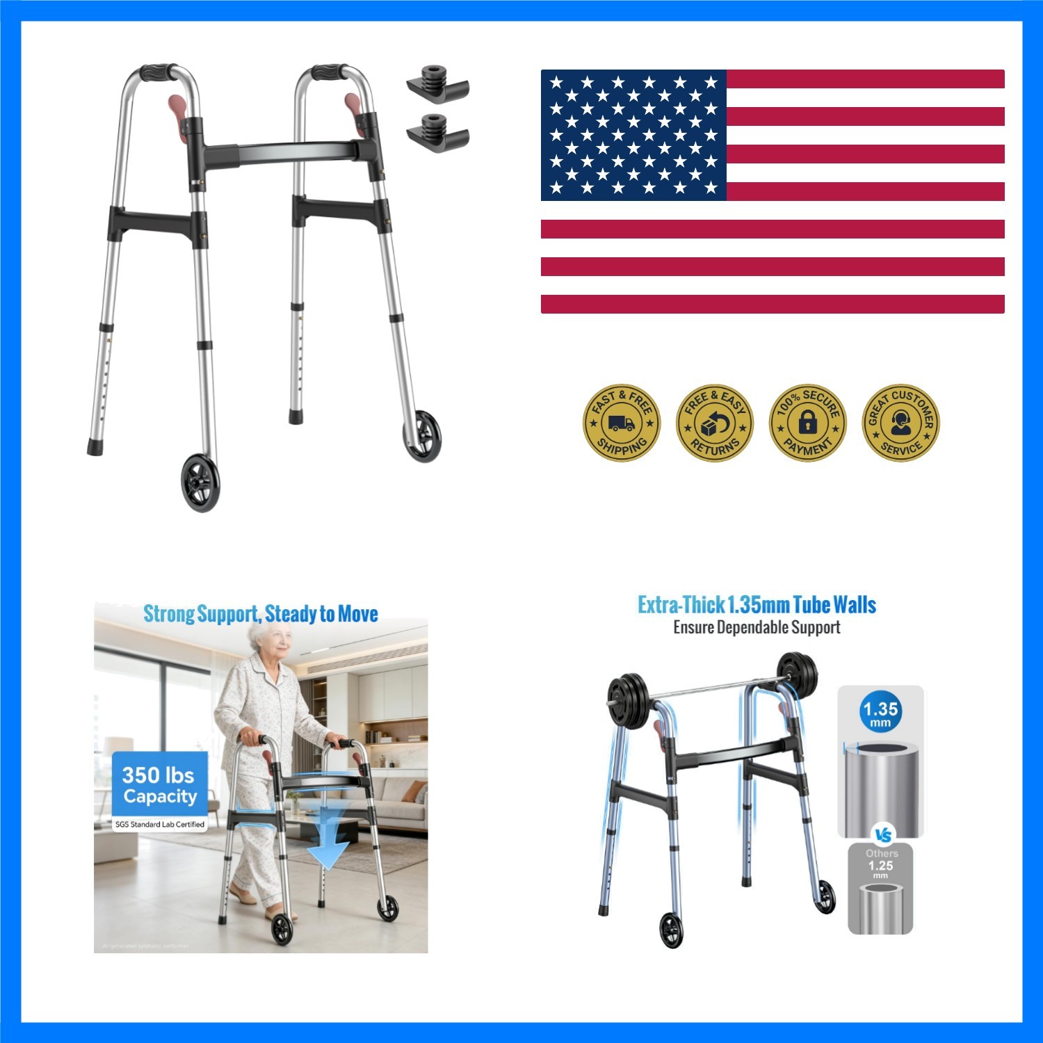 Standard Walkers for Seniors, 6.5lb Lightweight Foldable Walker | One-Hand Fo...