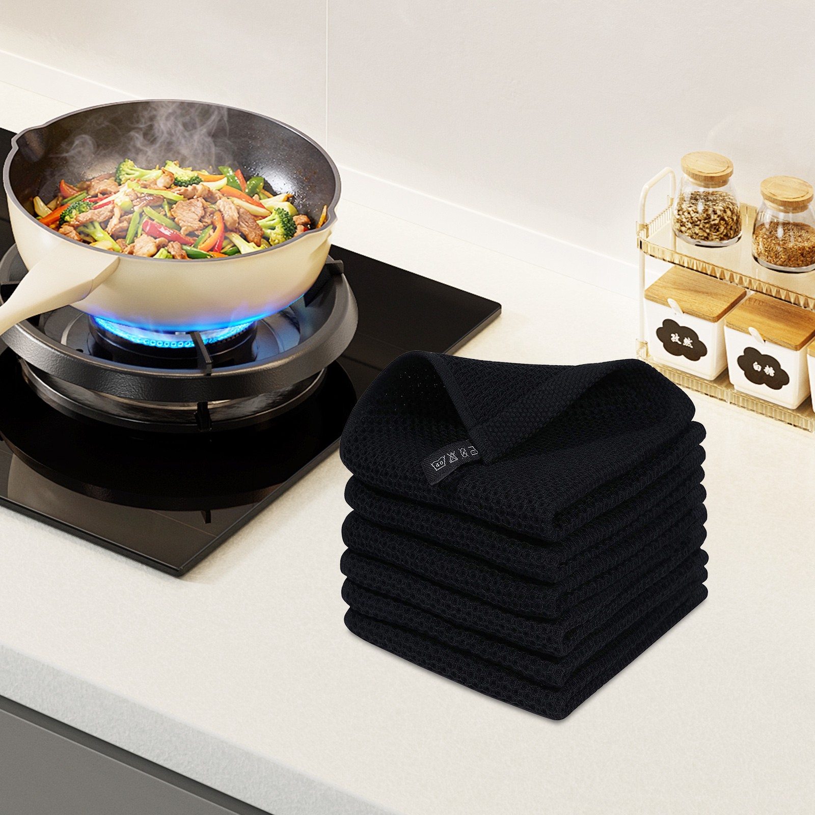 6 pcs 12*12in Cotton Waffle Weave Kitchen Dish Cloths, 6-Pack Black Dishcloths