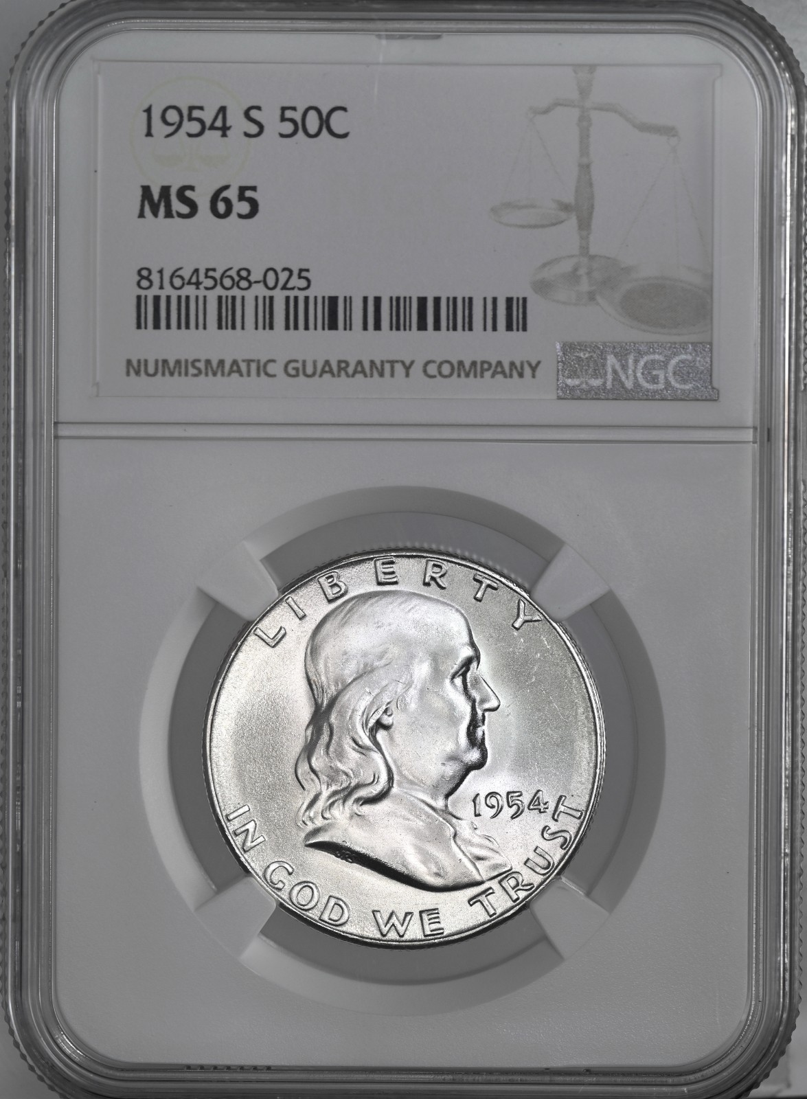 1954-S  50C FRANKLIN SILVER HALF DOLLAR  "SAN FRANCISCO"  NGC MS65 #8164568-025
