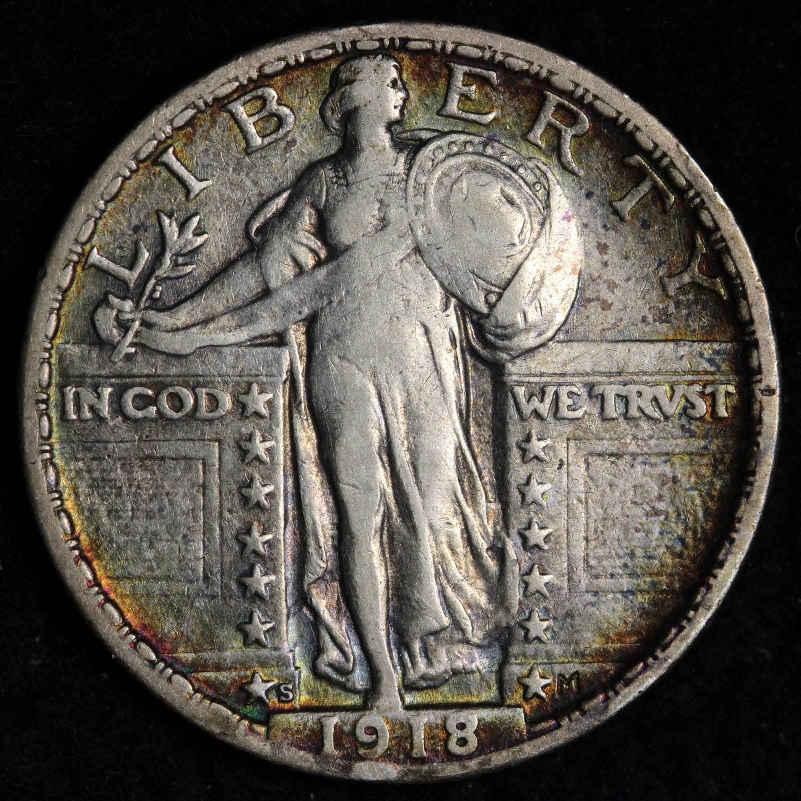 1918-S Standing Liberty Silver Quarter XF TONED E279 SINB