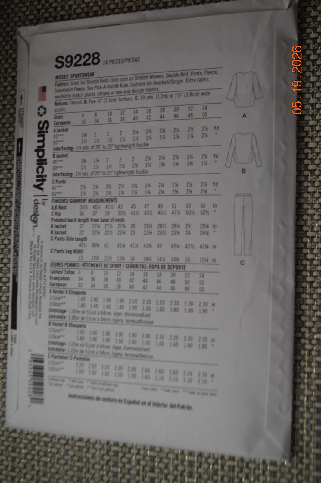 SIMPLICITY PATTERN 9228 JACKET PANTS MISSES SIZES 6 8 10 12 14 UNCUT