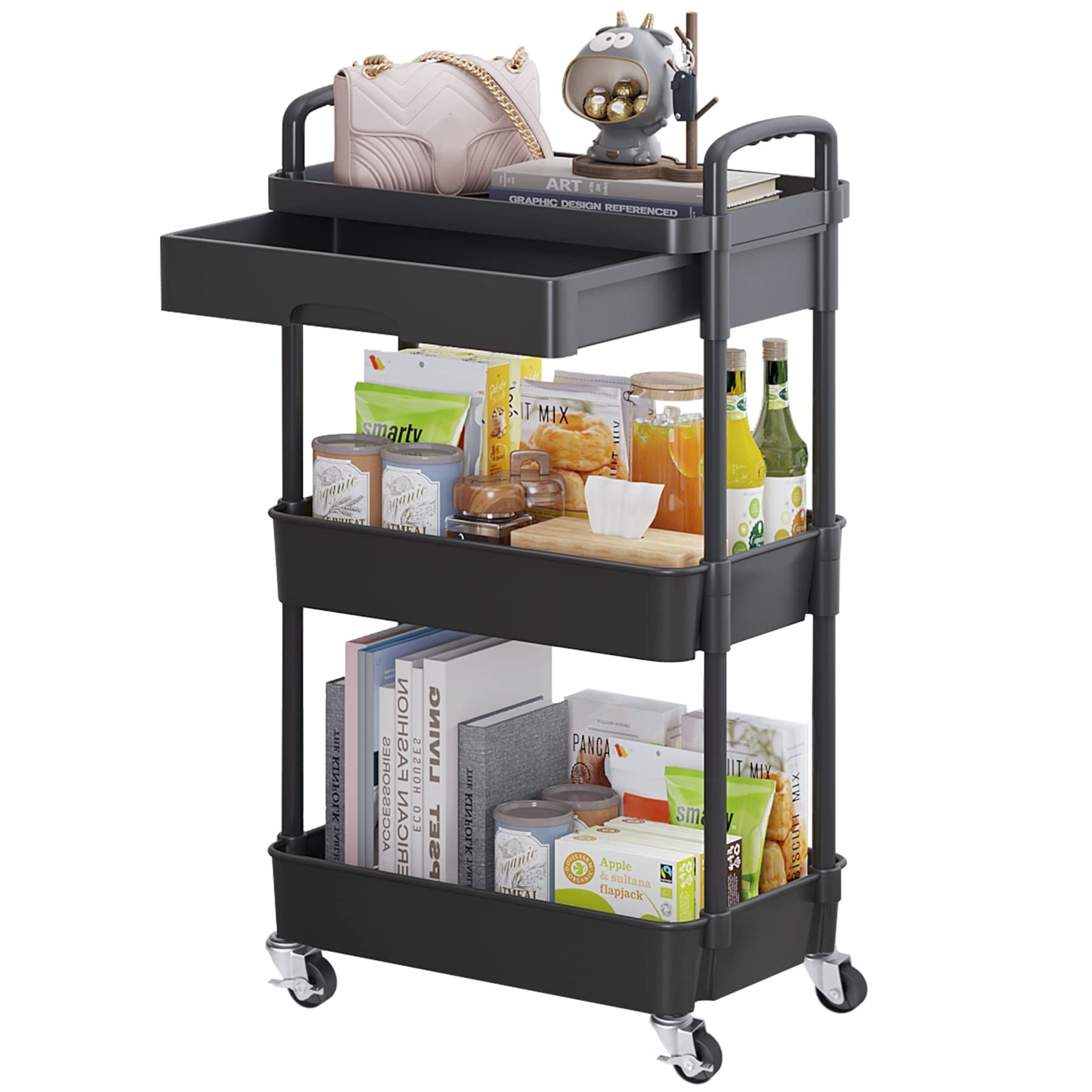 3-Tier Rolling Utility Cart with Drawer,Multifunctional Storage Organizer wit...