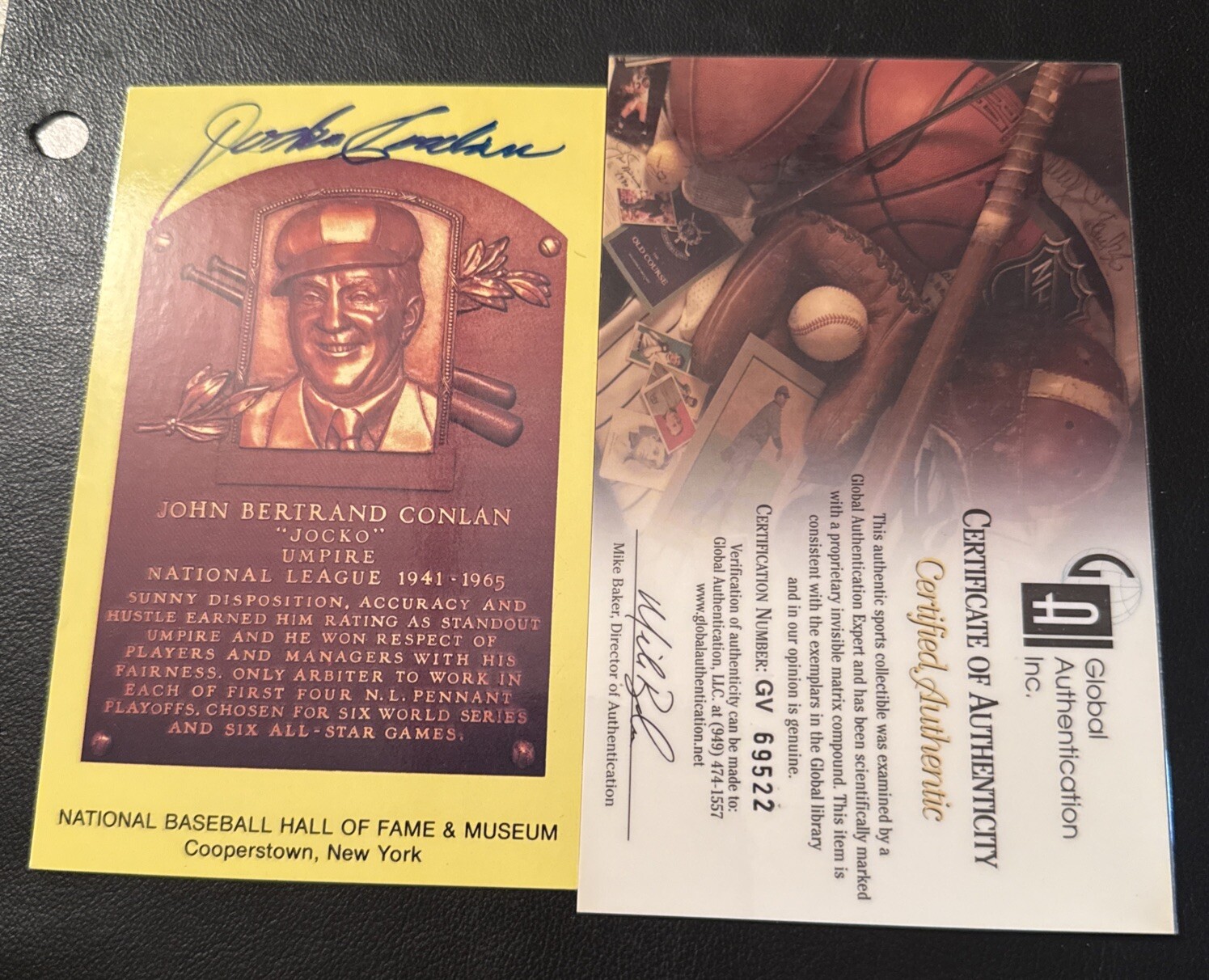 Jocko Conlan Umpire Signed Yellow HOF Plaque GAI Cert GV 69522