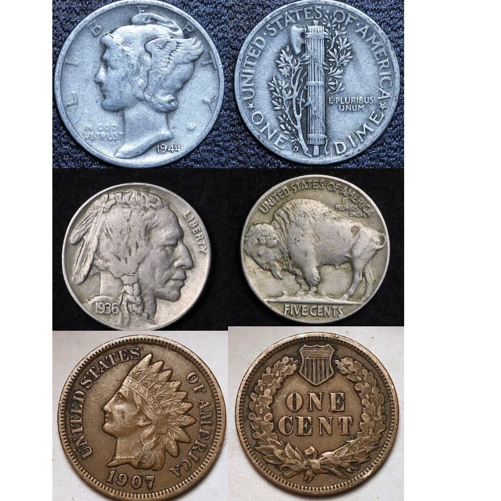 Silver Mercury Dime, Buffalo Nickel, Indian Head Cent in VF XF (3 COIN LOT)