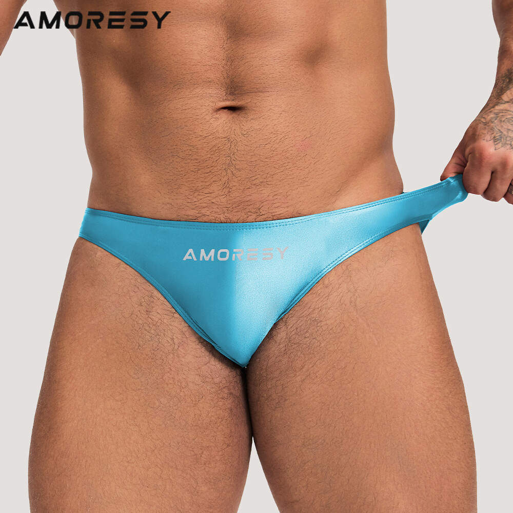 AMORESY Men Sexy Satin Underwear Low Waist Sports Comfortable Solid Swim Briefs