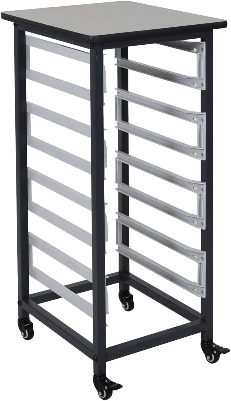 LUXOR MBS-SR-8S Mobile Bin Storage Unit - Single Row with Small Gray Bins