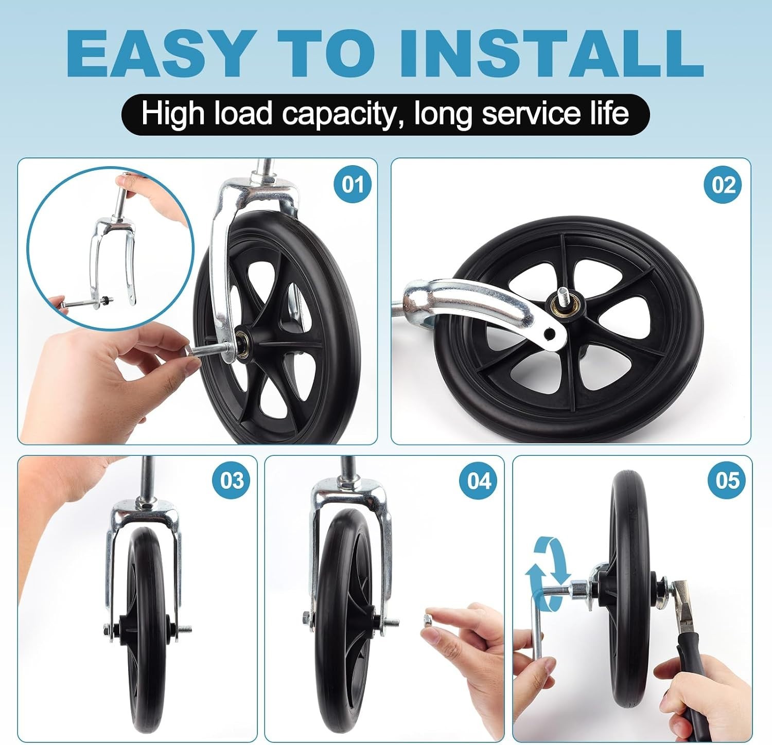 Heavy Duty 8 Inch Replacement Wheels for Wheelchairs & Rollators - Easy Install