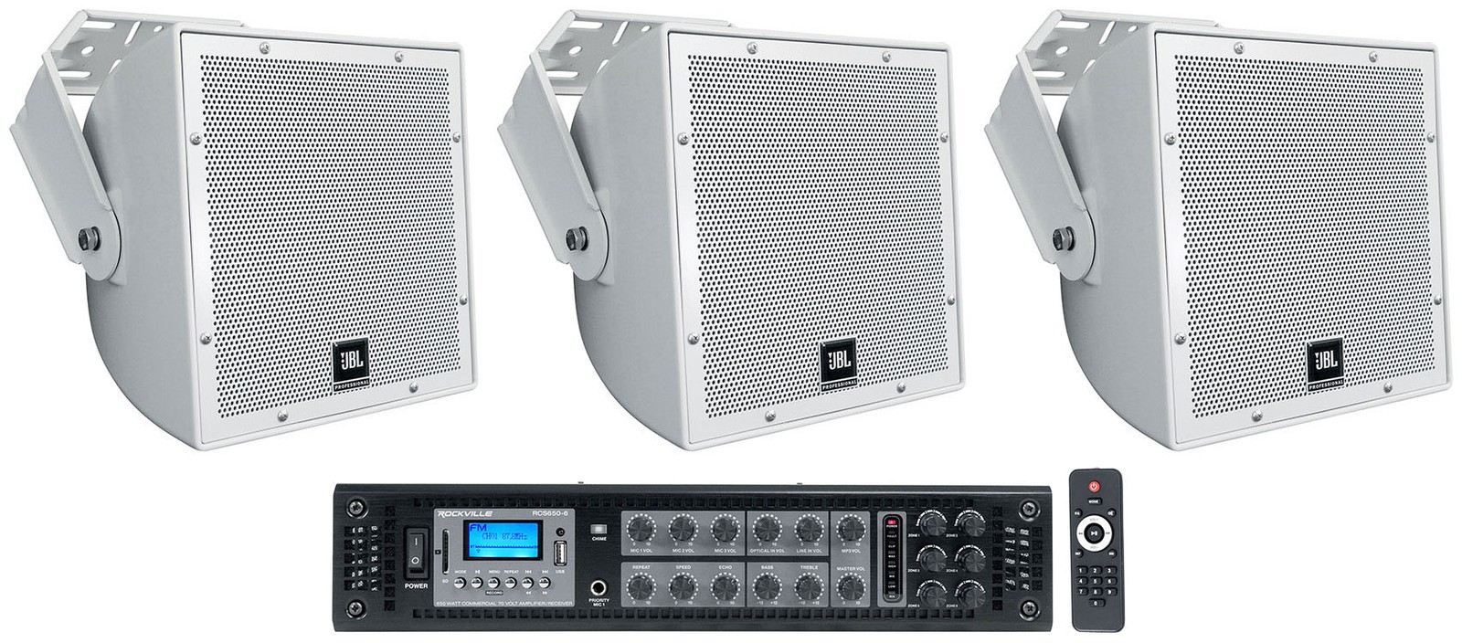 (3) JBL AWC82 8" White Indoor/Outdoor 70V Surface Mount Commercial Speakers+Amp
