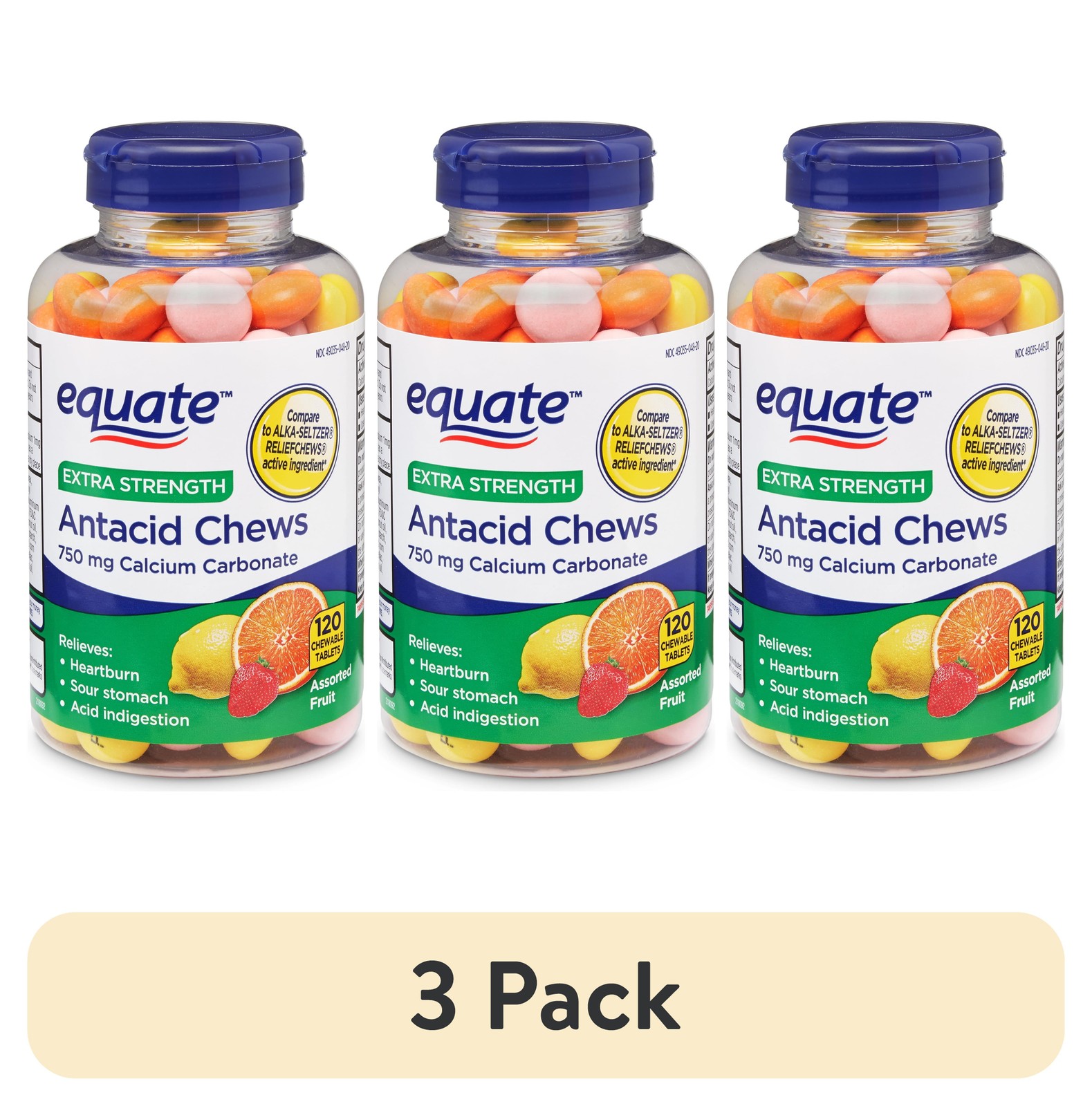 (3 pack) Equate Extra Strength Calcium Carbonate Antacid Tablets, 120 Count