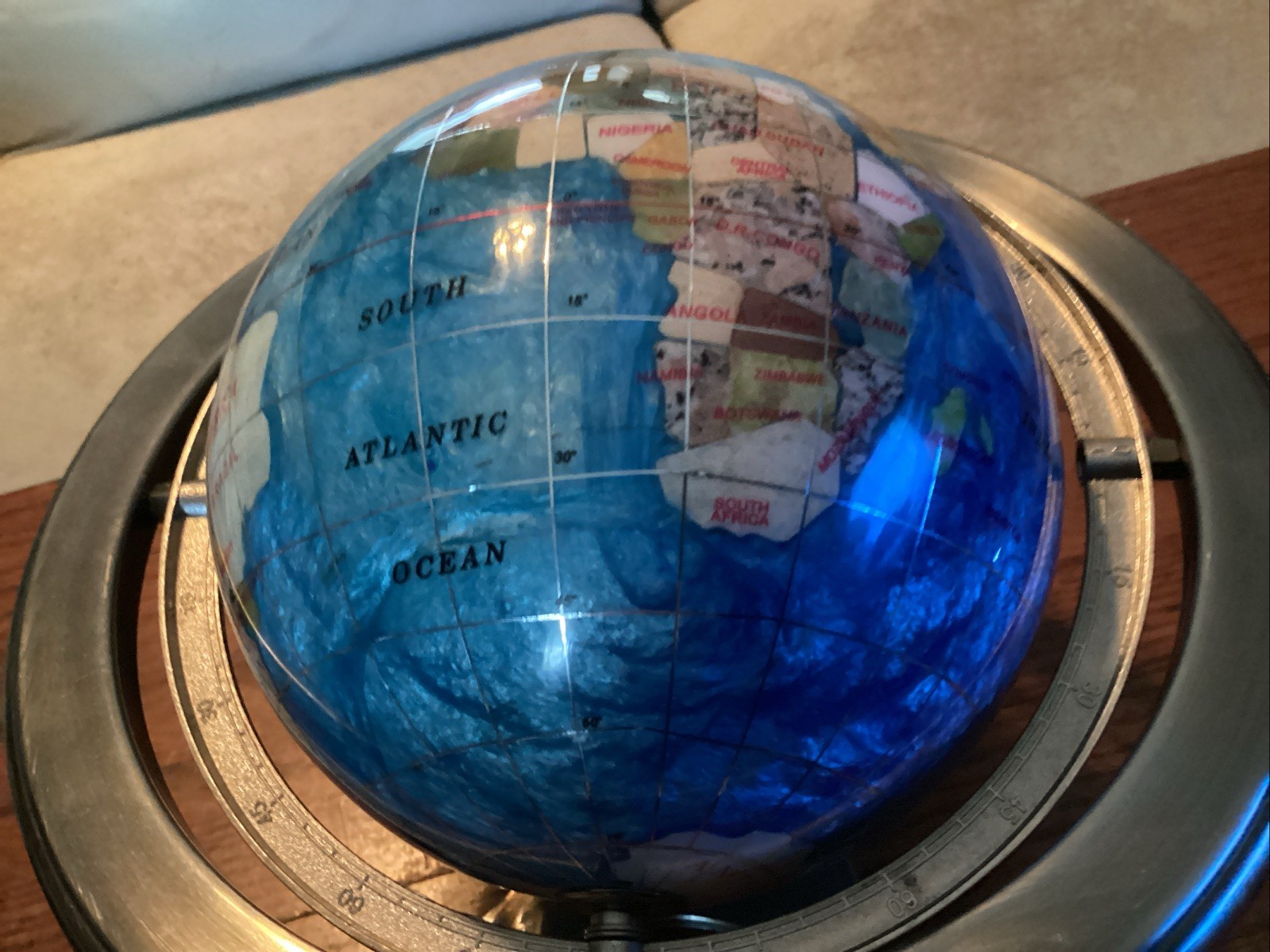 Mini Semiprecious Gemstone 6” Globe With Stand & Compass.