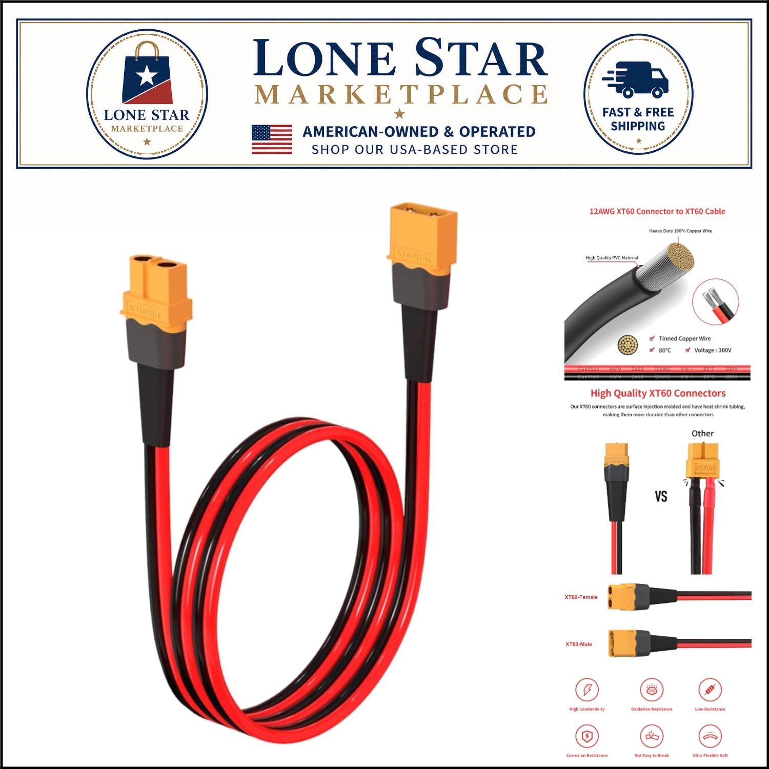 2FT XT60 Extension Cable - High-Quality Tinned Copper Connector for RC Battery