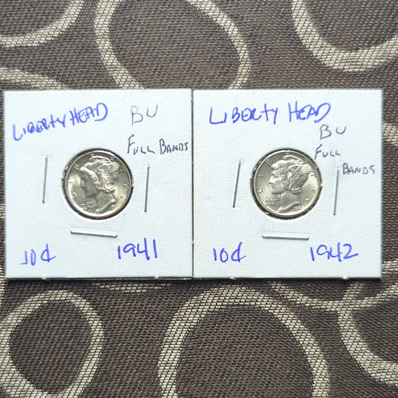 1941 & 1942 Mercury Dime 10C Silver 0.9 BU FB Full Bands Philadelphia (2)